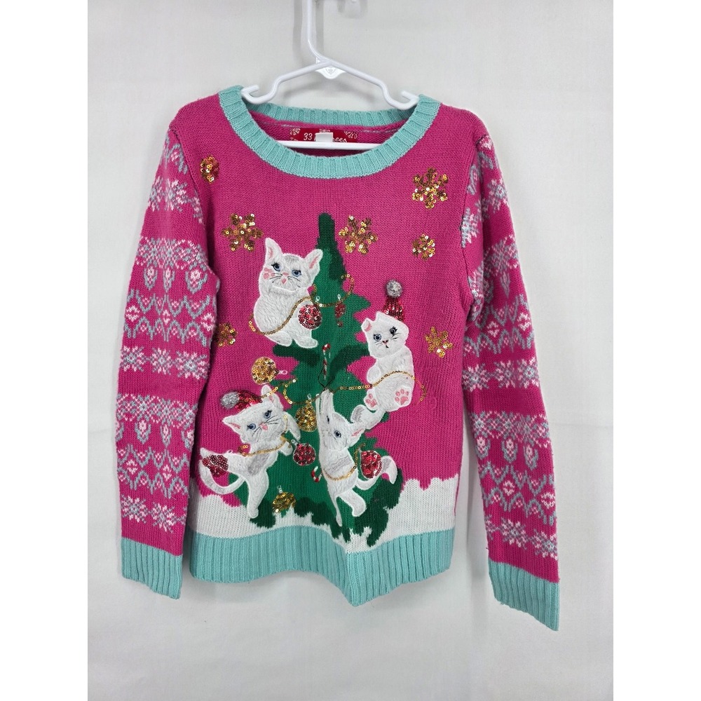 33 Degrees Girls Pink Ugly Christmas Sweater Kittens Tree Sequin Size M 8